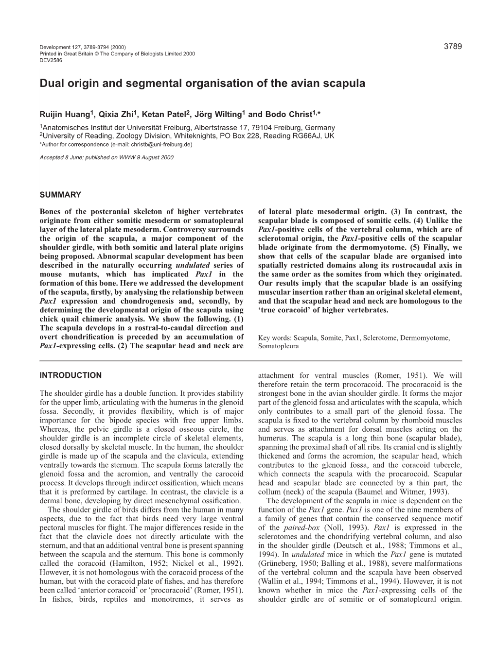 Dual Origin and Segmental Organisation of Avian Scapula 3791 Corresponding Embryos