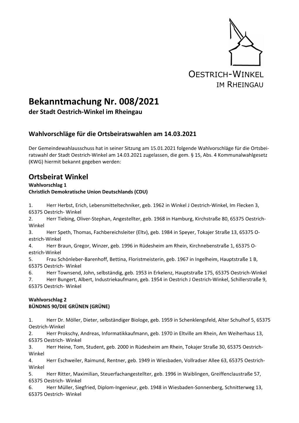 Bekanntmachung Nr. 008/2021 Der Stadt Oestrich‐Winkel Im Rheingau