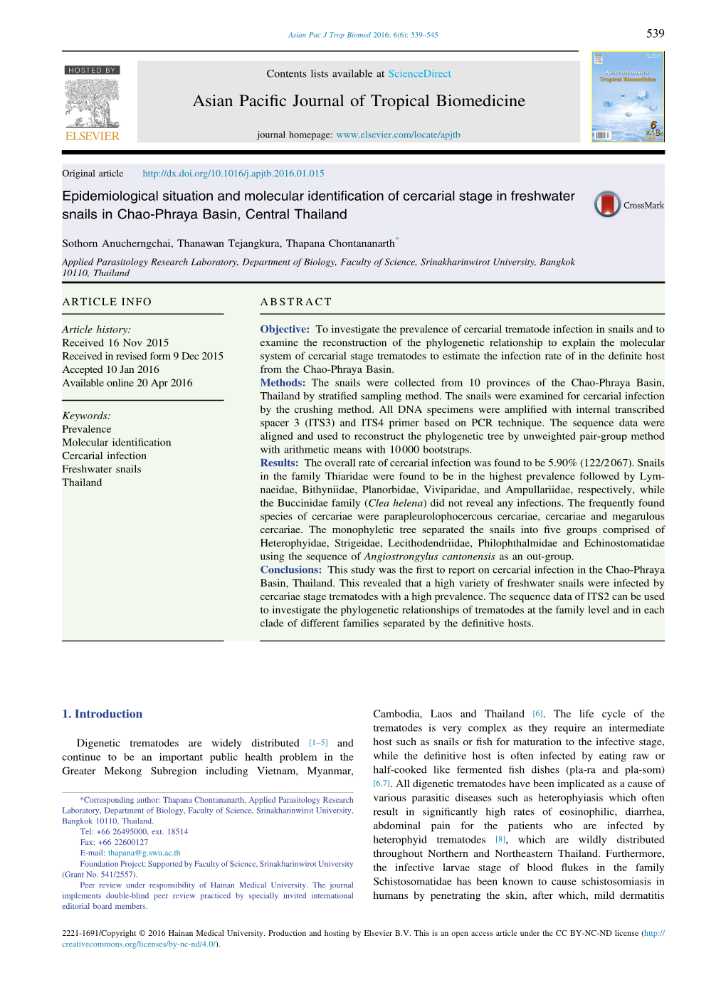 Epidemiological Situation and Molecular Identification of Cercarial Stage in Freshwater Snails in Chao-Phraya Basin, Central Thailand