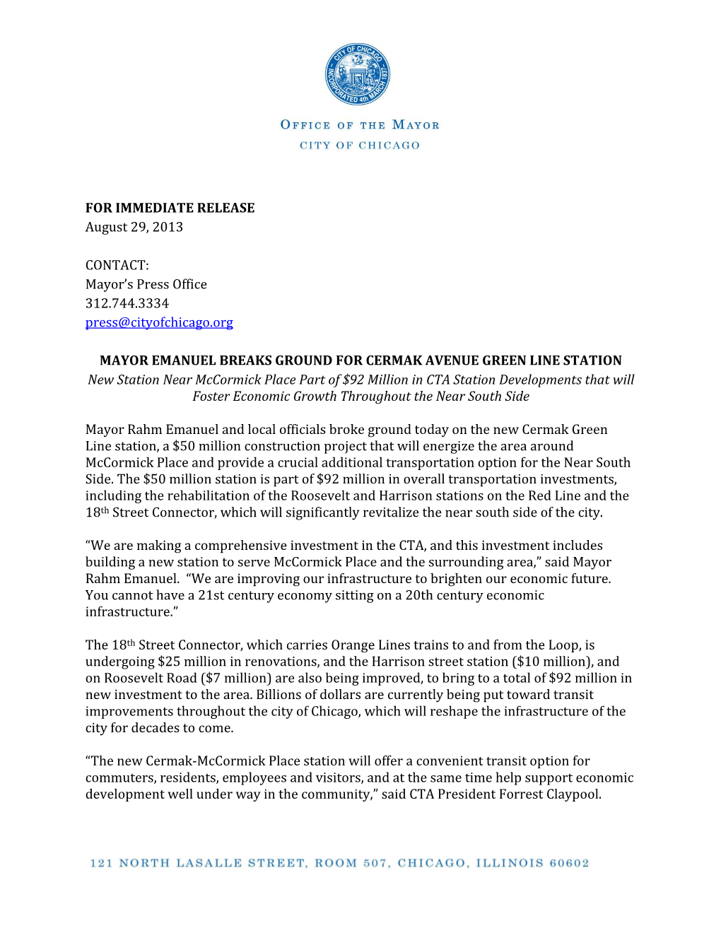 FOR IMMEDIATE RELEASE August 29, 2013 CONTACT: Mayor's Press