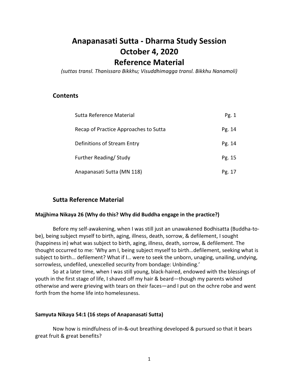 Anapanasati Sutta - Dharma Study Session October 4, 2020 Reference Material (Suttas Transl
