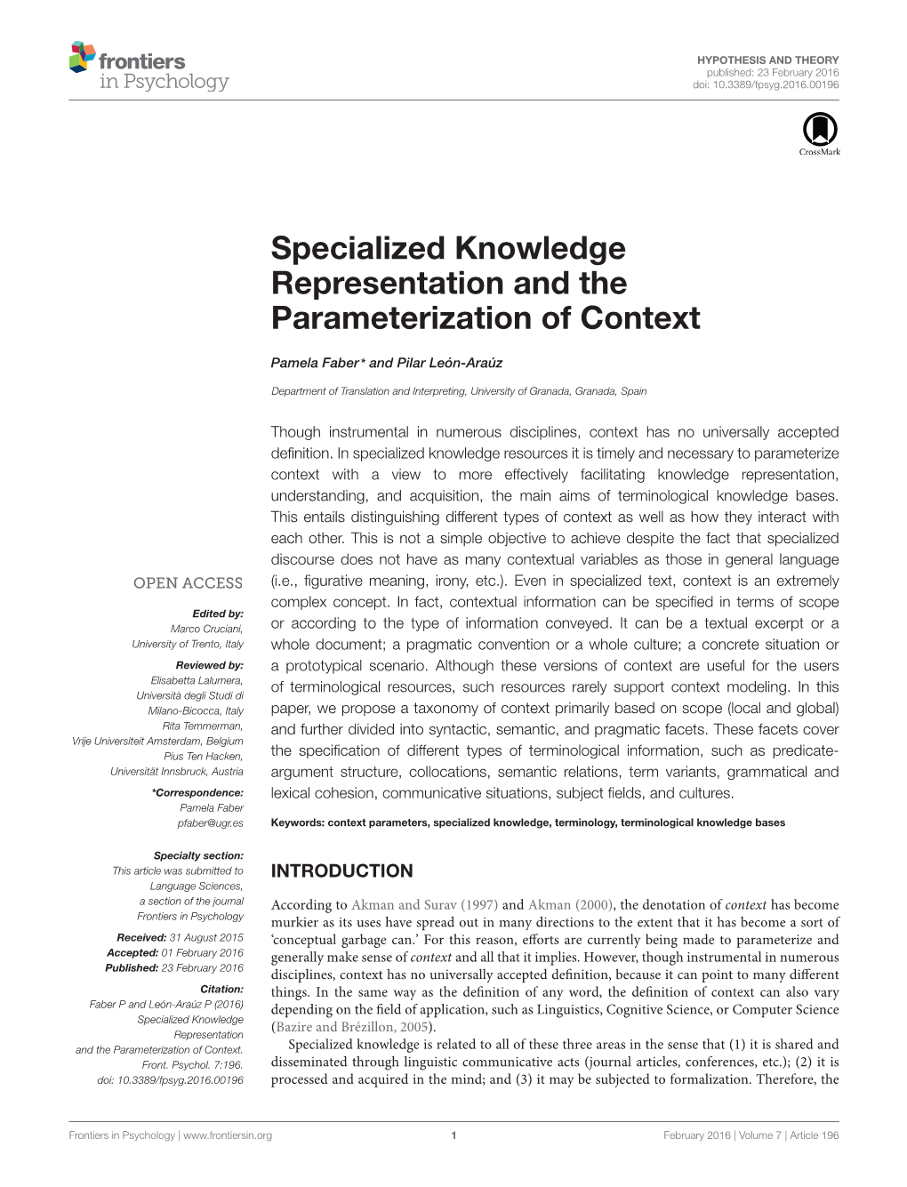 Specialized Knowledge Representation and the Parameterization of Context