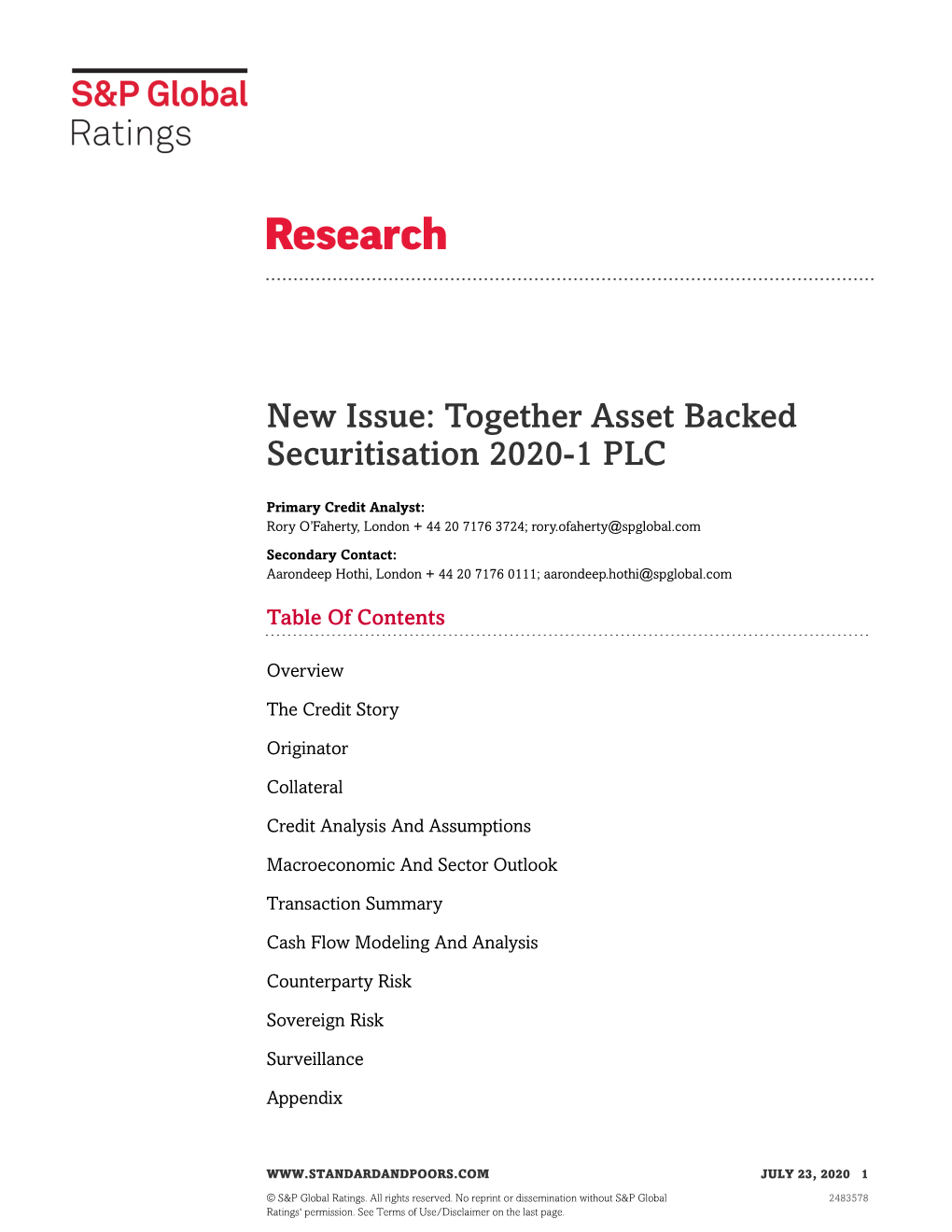 New Issue: Together Asset Backed Securitisation 2020-1 PLC