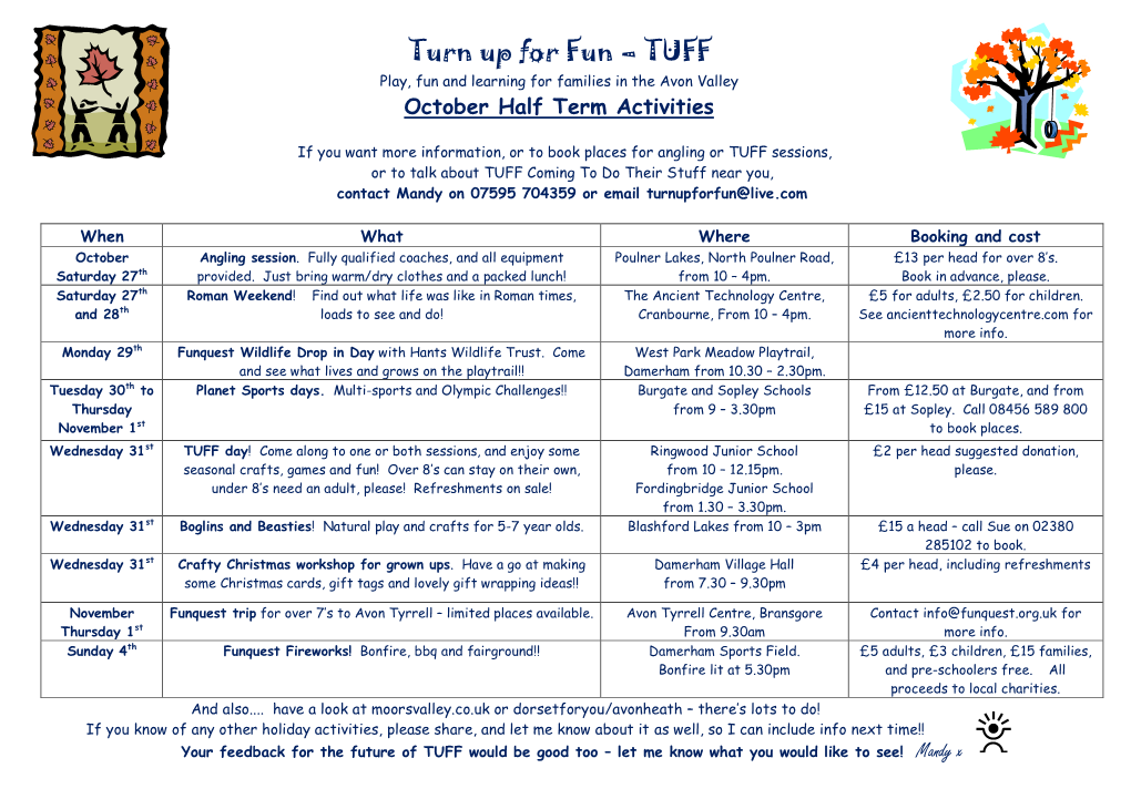 Turn up for Fun – TUFF Play, Fun and Learning for Families in the Avon Valley October Half Term Activities