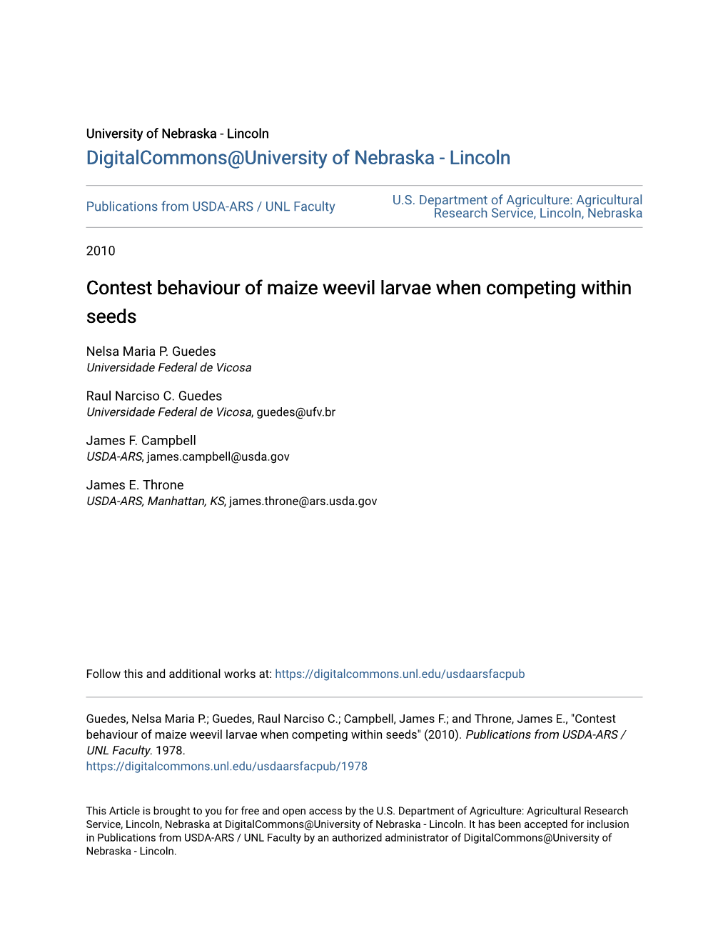 Contest Behaviour of Maize Weevil Larvae When Competing Within Seeds