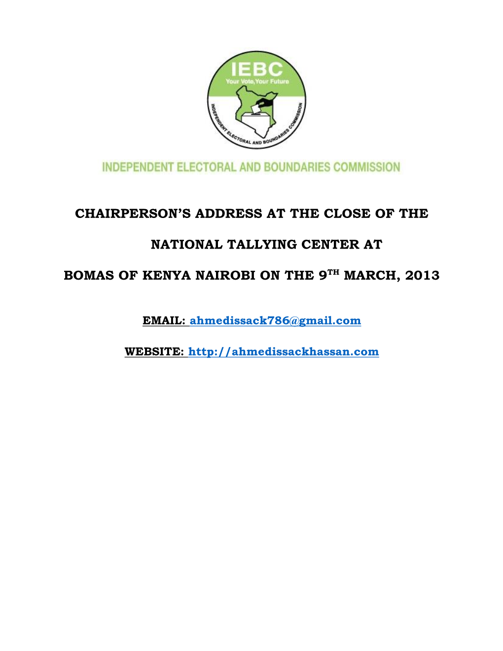 Address at the Close of the National Tallying Center and Declaration