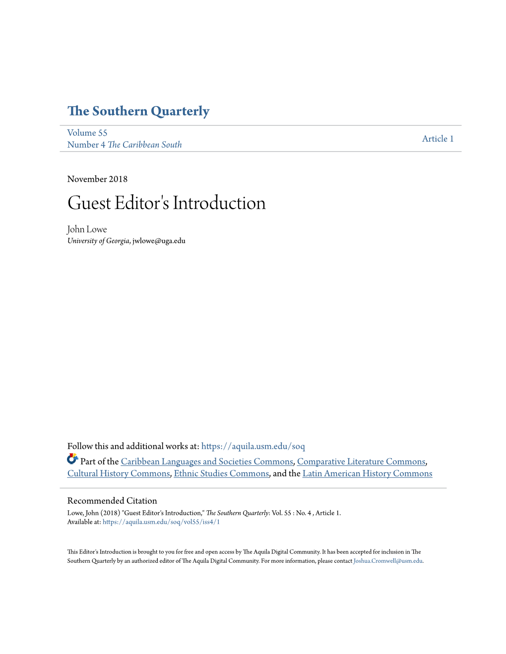 Guest Editor's Introduction John Lowe University of Georgia, Jwlowe@Uga.Edu