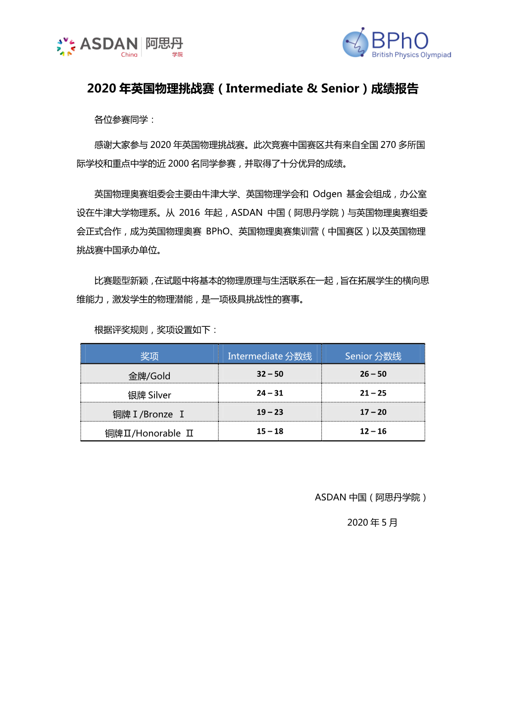 2020 年英国物理挑战赛（Intermediate & Senior）成绩报告