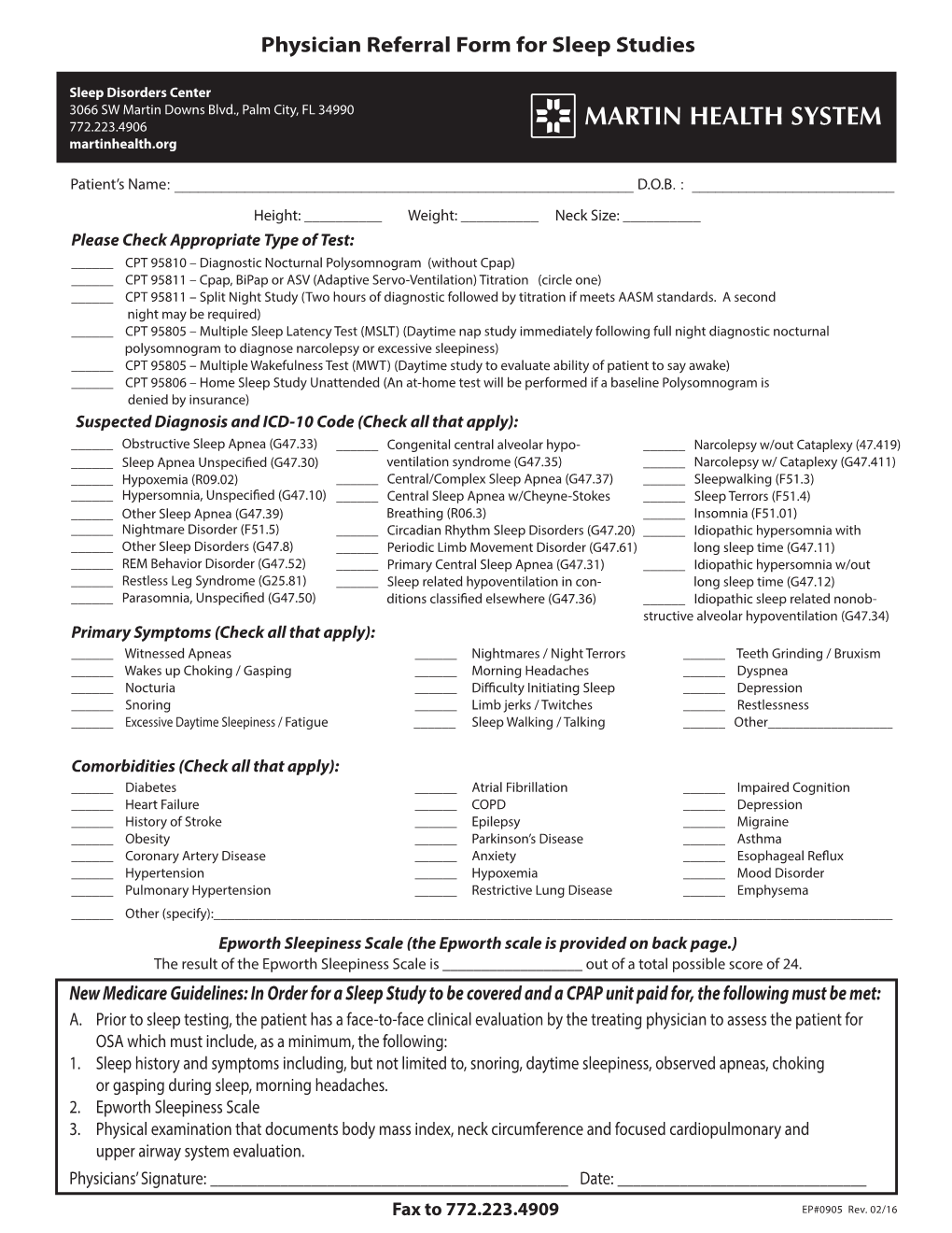 Physician Referral Form for Sleep Studies