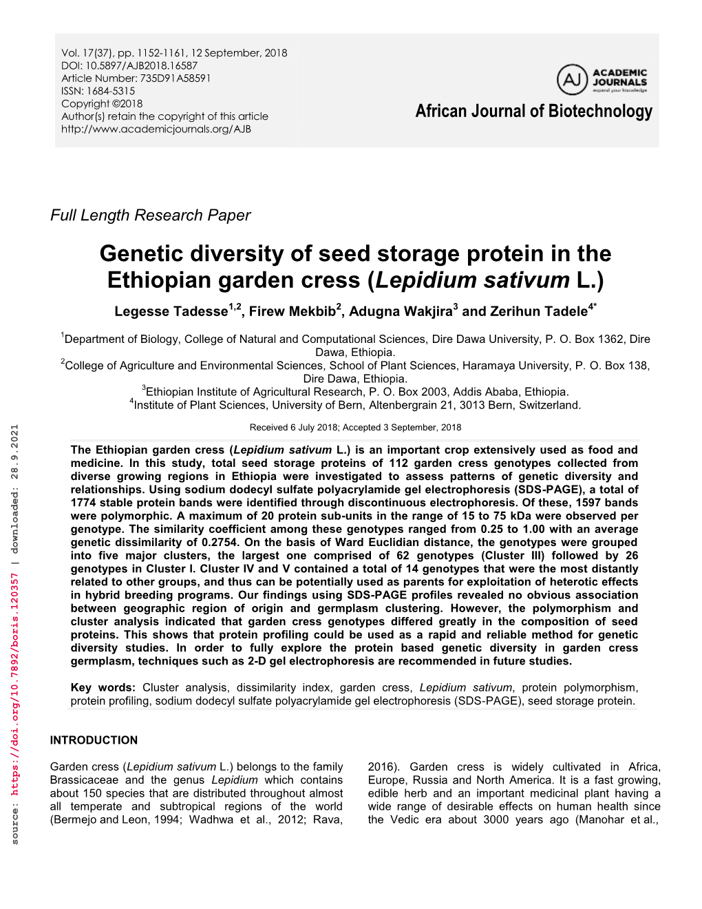 Genetic Diversity of Seed Storage Protein in the Ethiopian Garden Cress (Lepidium Sativum