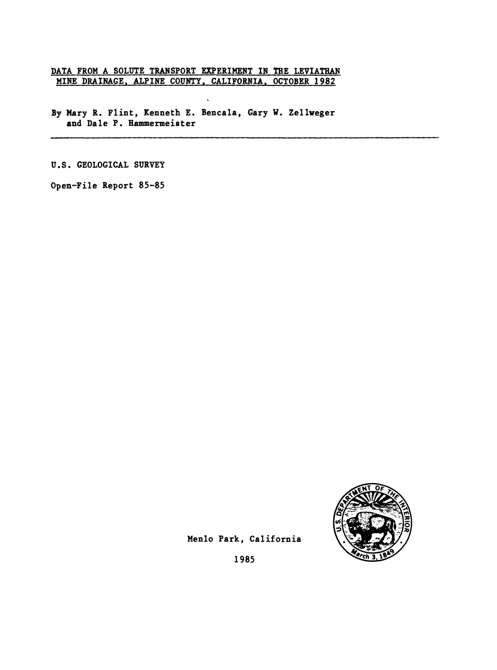 Data from a Solute Transport Experiment in the Leviathan Mine Drainage