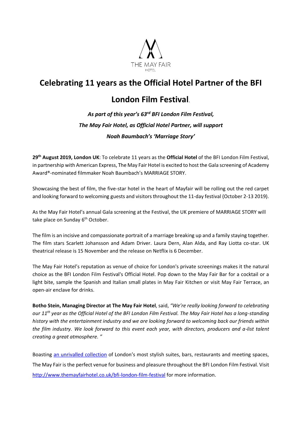 Celebrating 11 Years As the Official Hotel Partner of the BFI London Film Festival