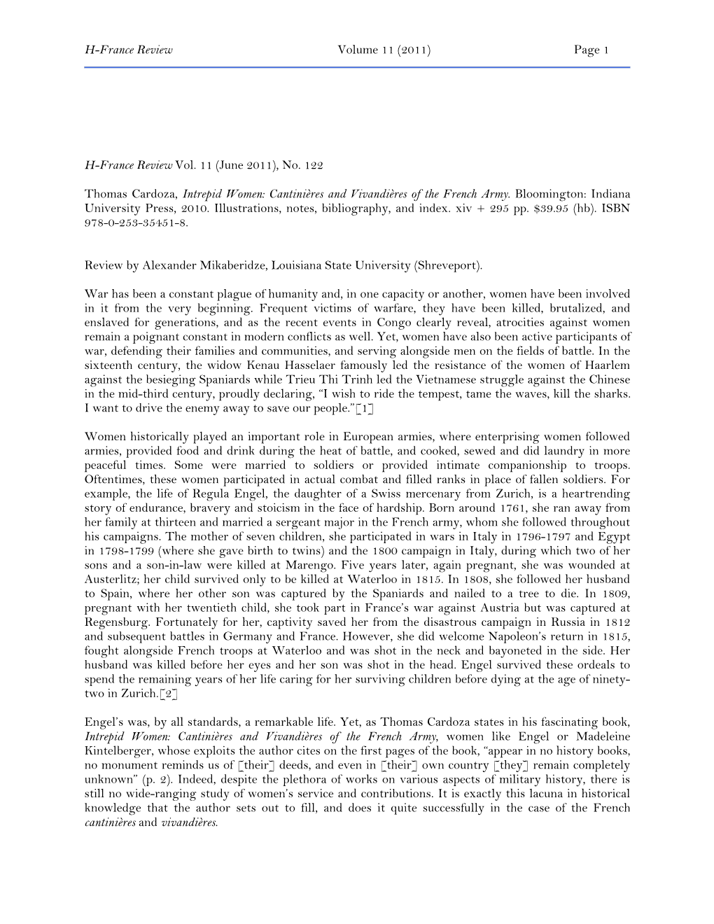 H-France Review Vol. 11 (June 2011), No. 122 Thomas Cardoza