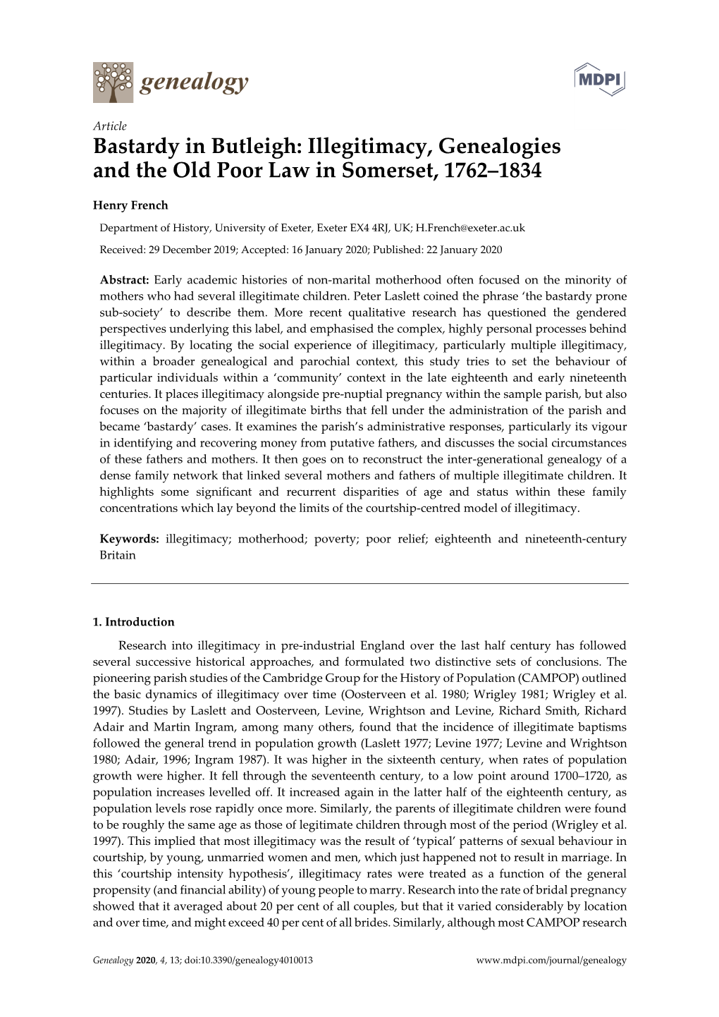 Bastardy in Butleigh: Illegitimacy, Genealogies and the Old Poor Law in Somerset, 1762–1834