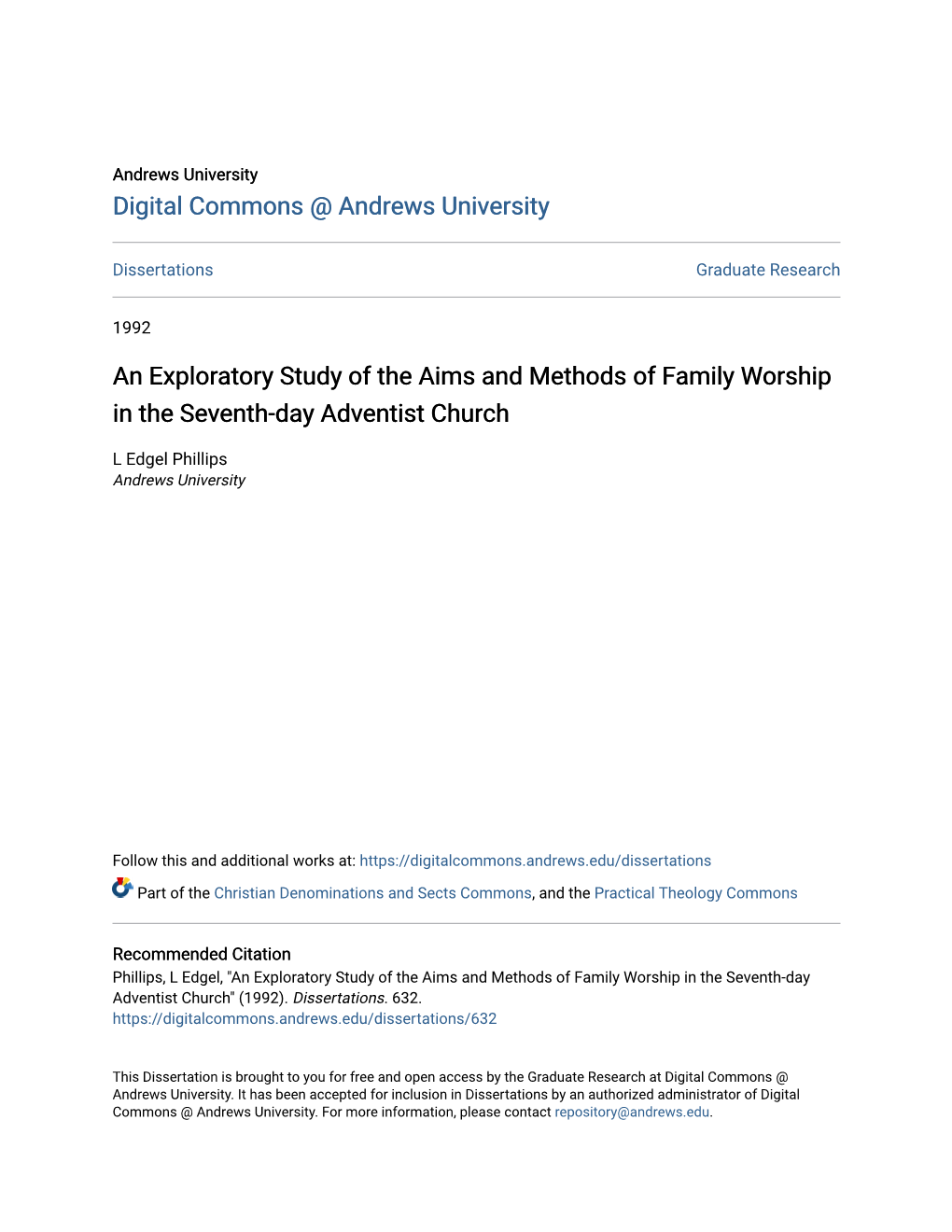 An Exploratory Study of the Aims and Methods of Family Worship in the Seventh-Day Adventist Church