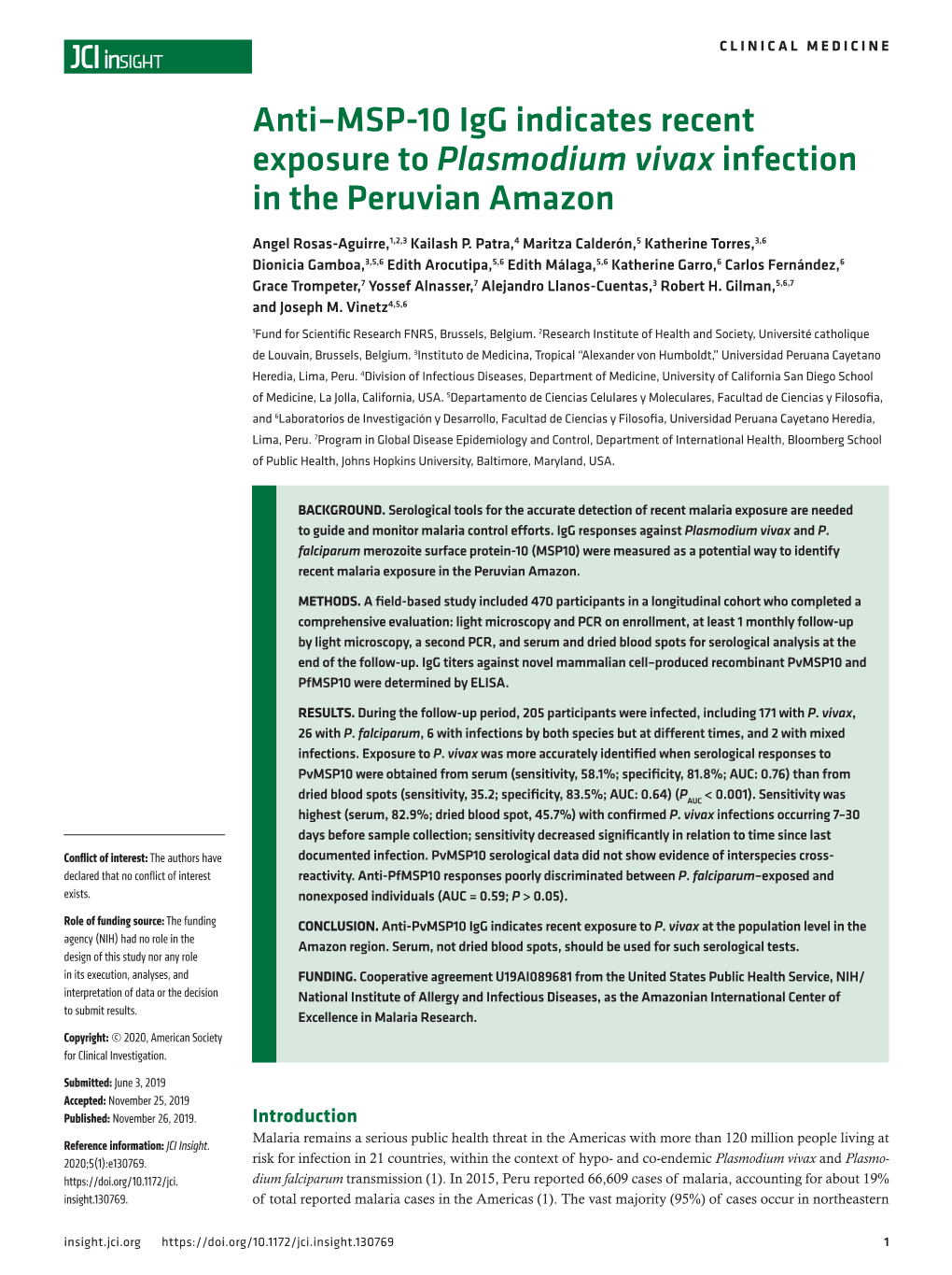 Plasmodium Vivax Infection in the Peruvian Amazon