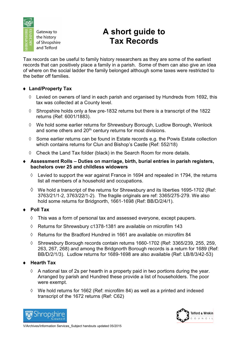 Short Guide to Taxation Records