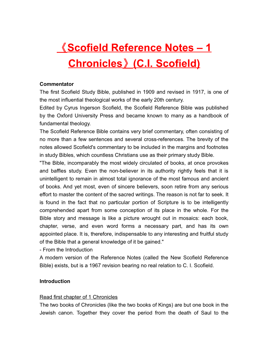 Scofield Reference Notes 1 Chronicles (C.I. Scofield)