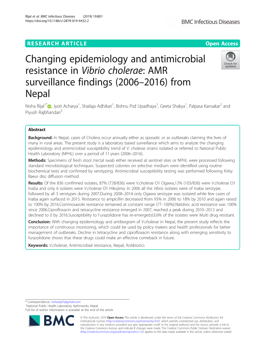 Changing Epidemiology and Antimicrobial Resistance in Vibrio Cholerae: AMR Surveillance Findings (2006–2016) from Nepal