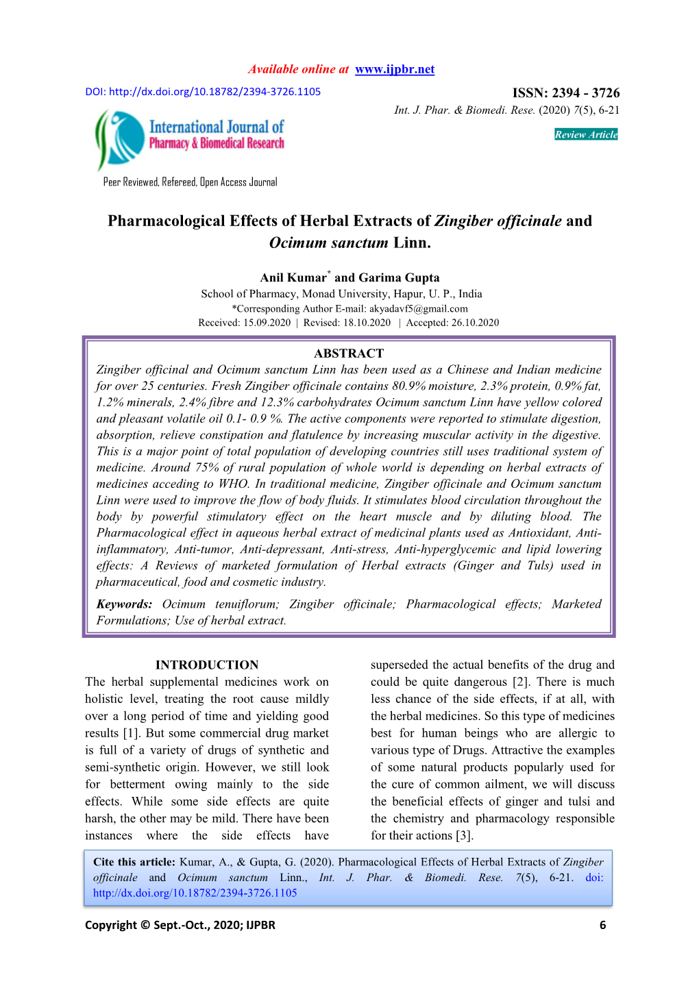 Pharmacological Effects of Herbal Extracts of Zingiber Officinale and Ocimum Sanctum Linn