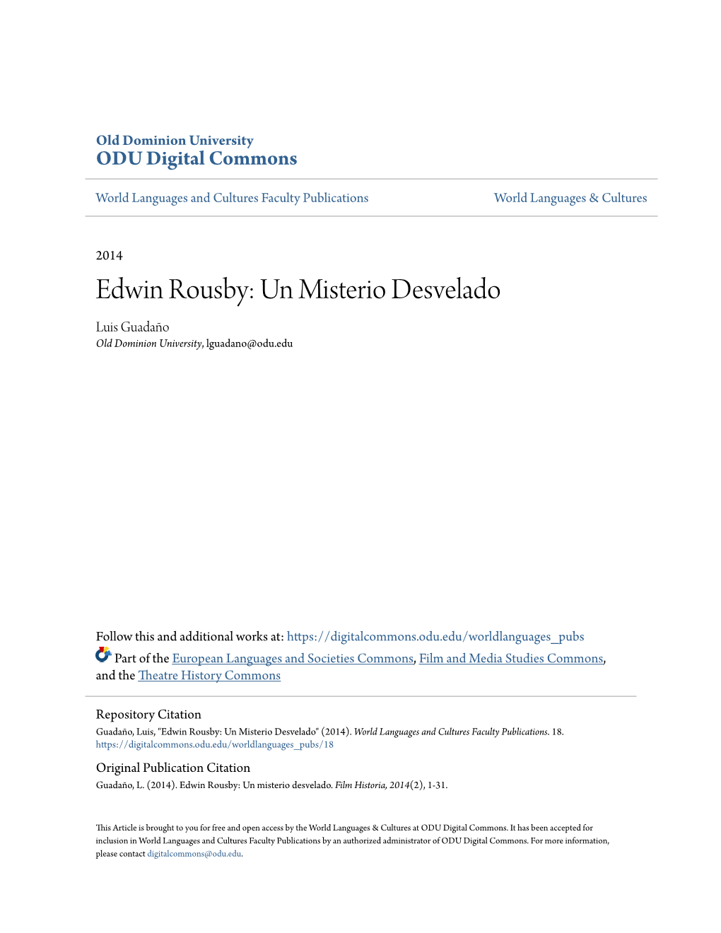 Edwin Rousby: Un Misterio Desvelado Luis Guadaño Old Dominion University, Lguadano@Odu.Edu