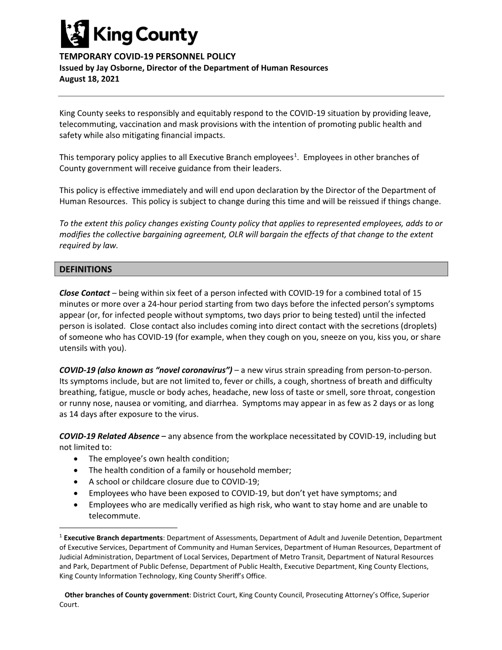 Temporary Covid-19 Personnel Policy Definitions