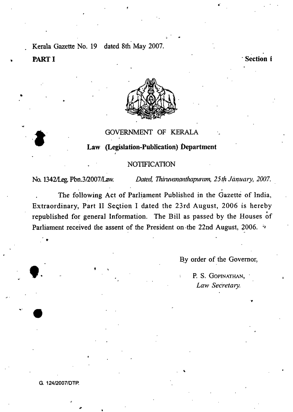 Kerala Gazette No. 19 Dated 8Th May 2007. Section I GOVERNMENT OF