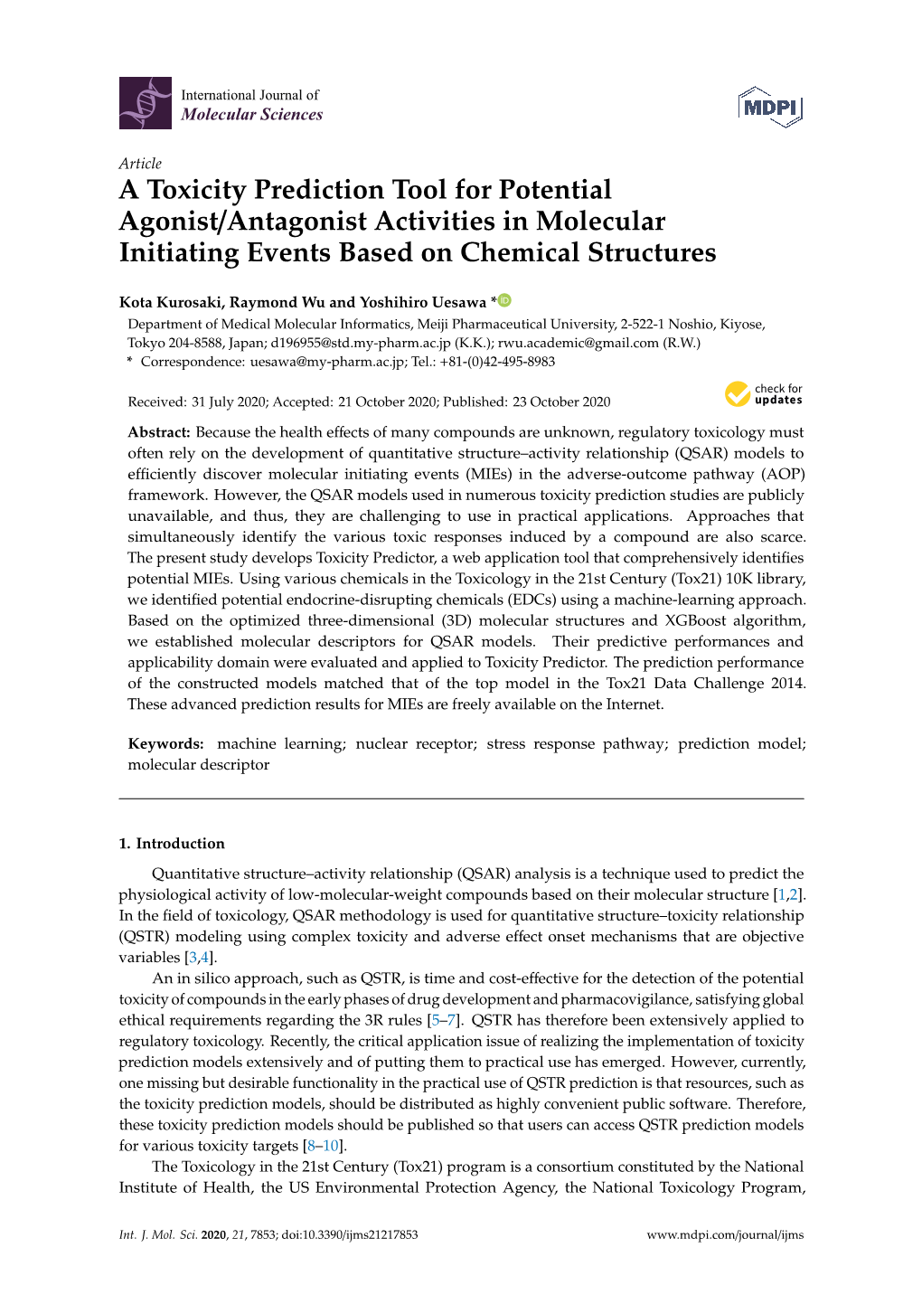 A Toxicity Prediction Tool for Potential Agonist/Antagonist Activities in Molecular Initiating Events Based on Chemical Structures