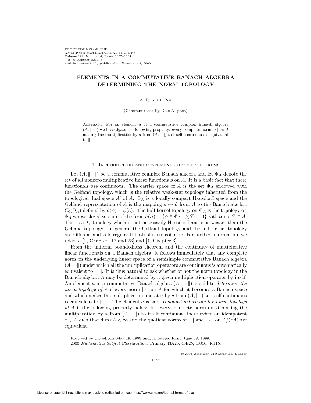 Elements in a Commutative Banach Algebra Determining the Norm Topology