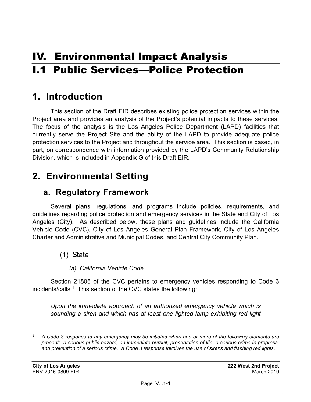 IV. Environmental Impact Analysis I.1 Public Services—Police Protection