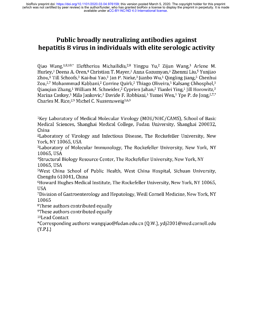 Public Broadly Neutralizing Antibodies Against Hepatitis B Virus in Individuals with Elite Serologic Activity