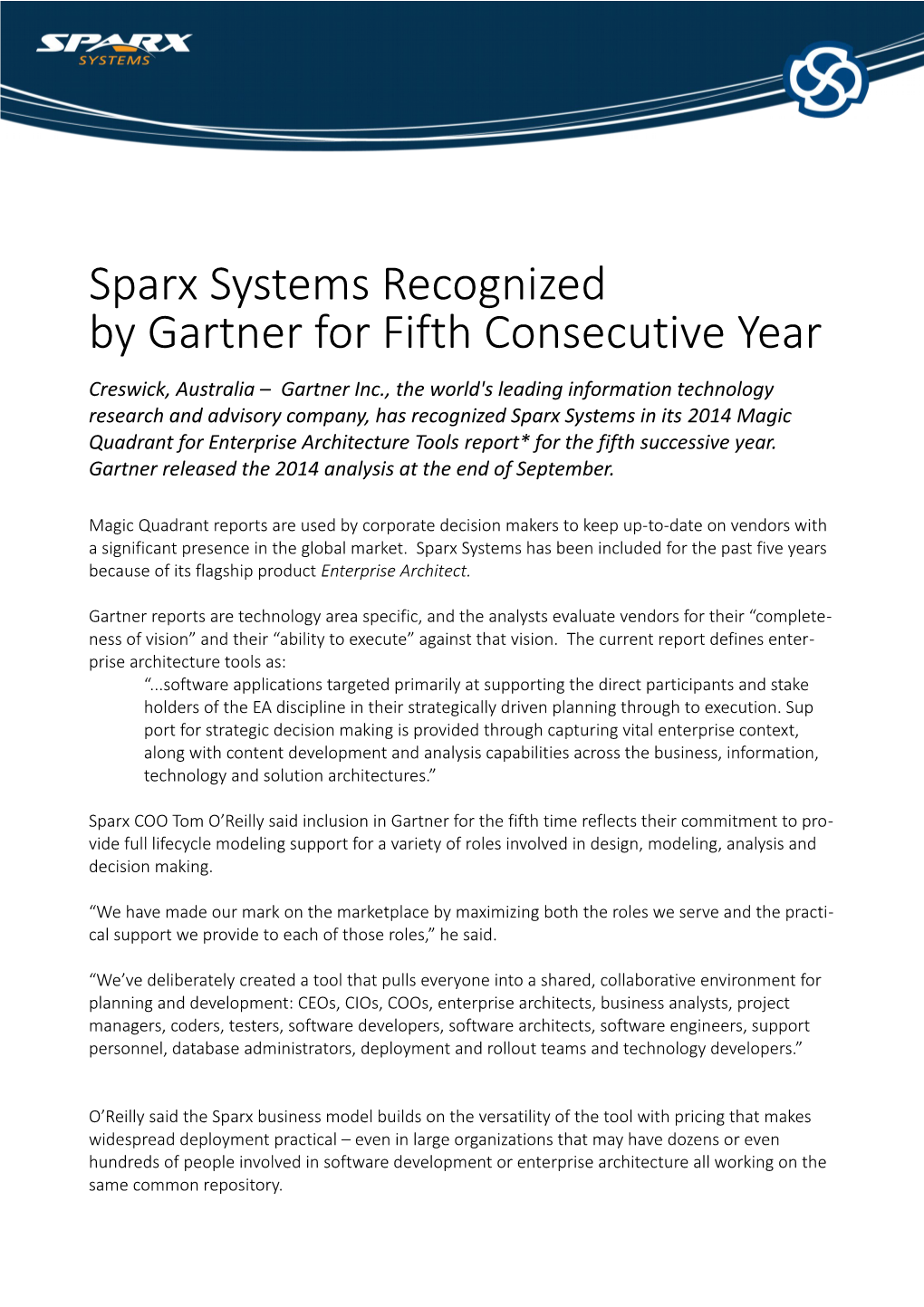 Sparx Systems Recognized by Gartner for Fifth Consecutive Year