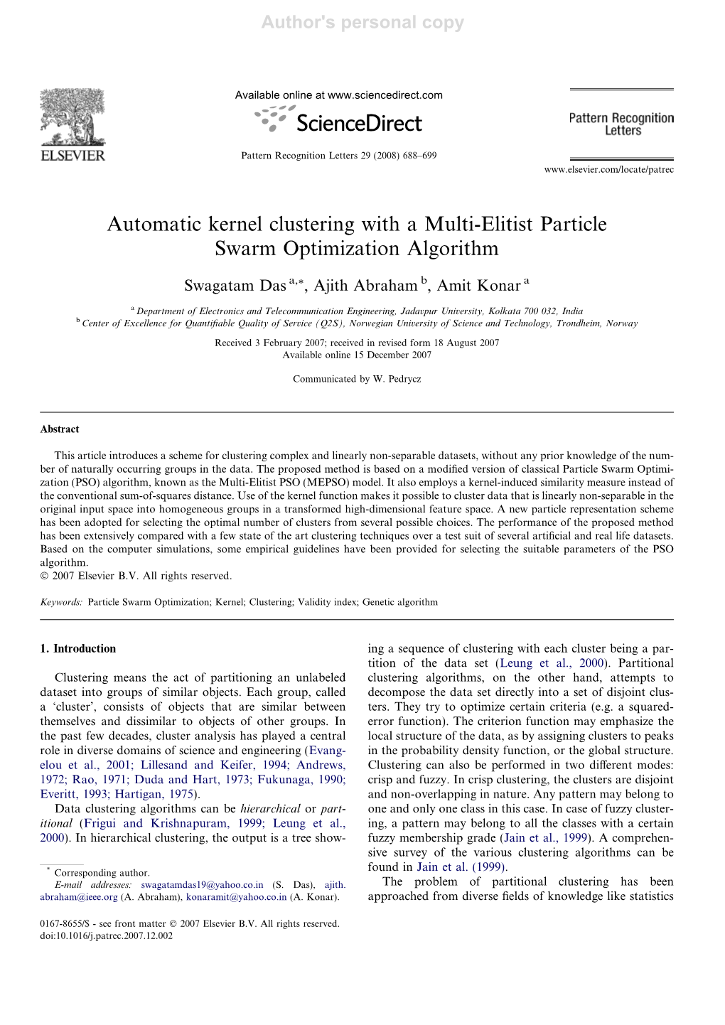 Automatic Kernel Clustering with a Multi-Elitist Particle Swarm Optimization Algorithm