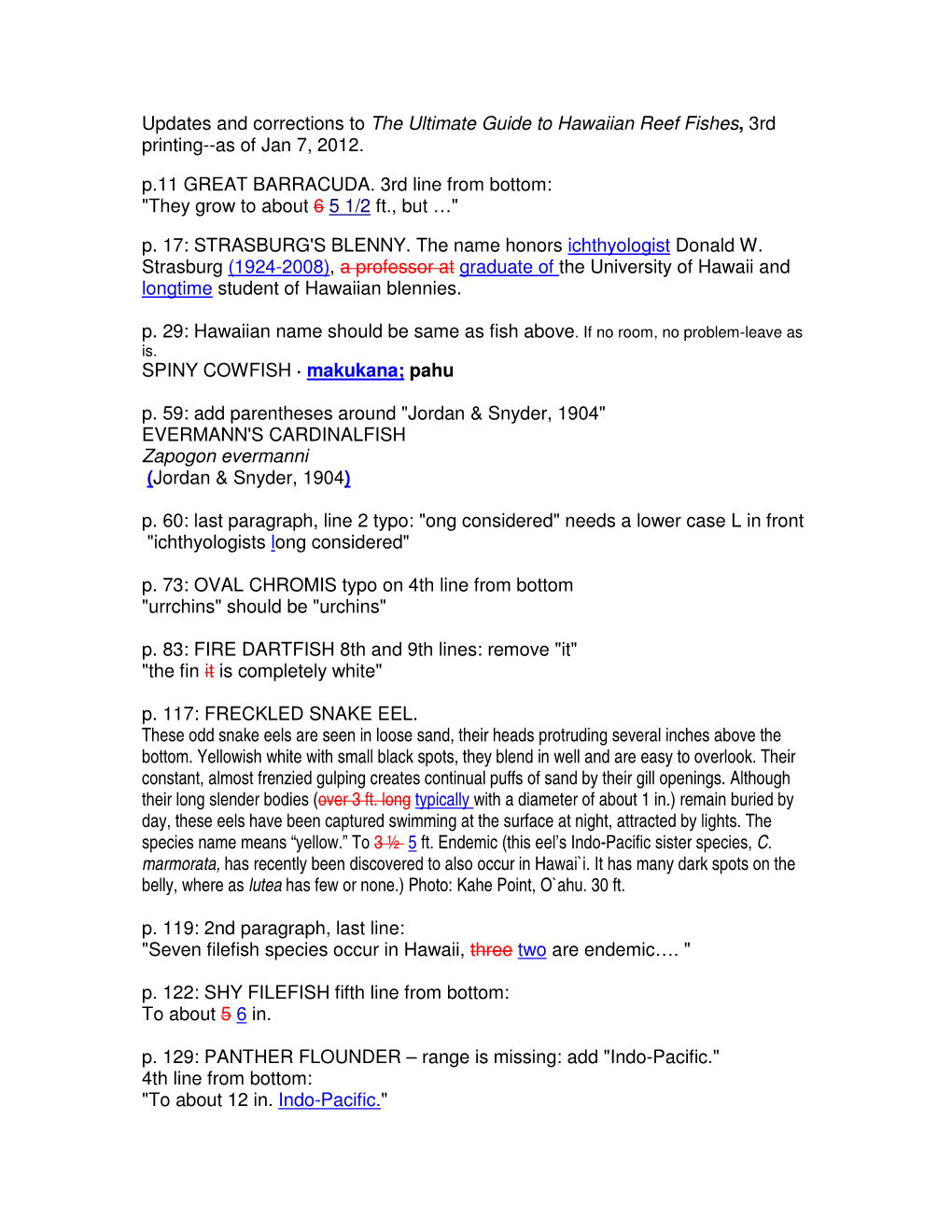 As of Jan 7, 2012. P.11 GREAT BARRACUDA. 3Rd Line from Bottom: "They Grow to About 6 5 1/2 Ft., but …" P