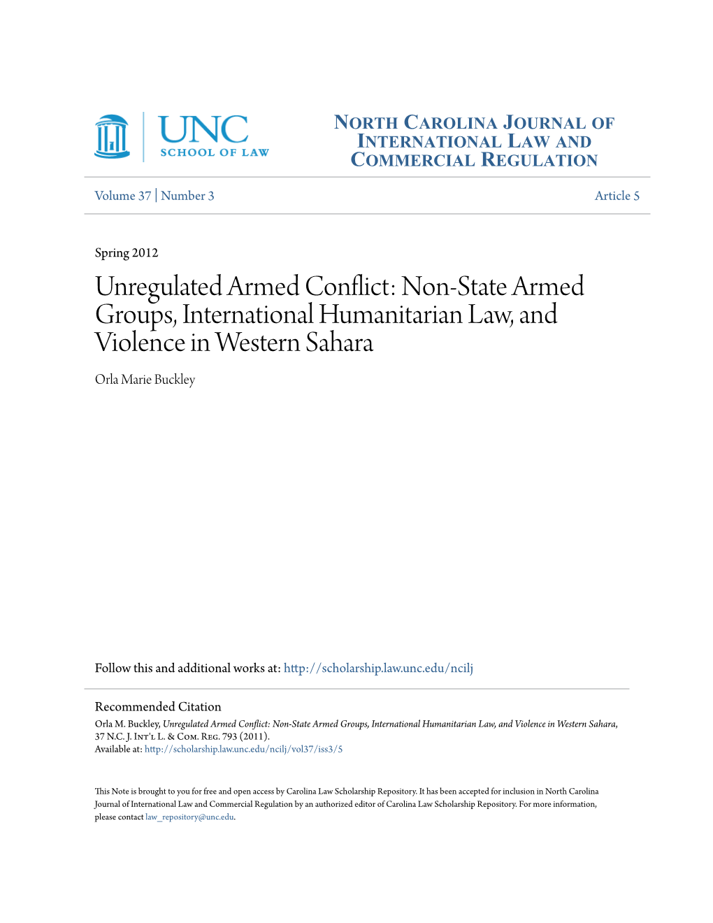 Non-State Armed Groups, International Humanitarian Law, and Violence in Western Sahara Orla Marie Buckley
