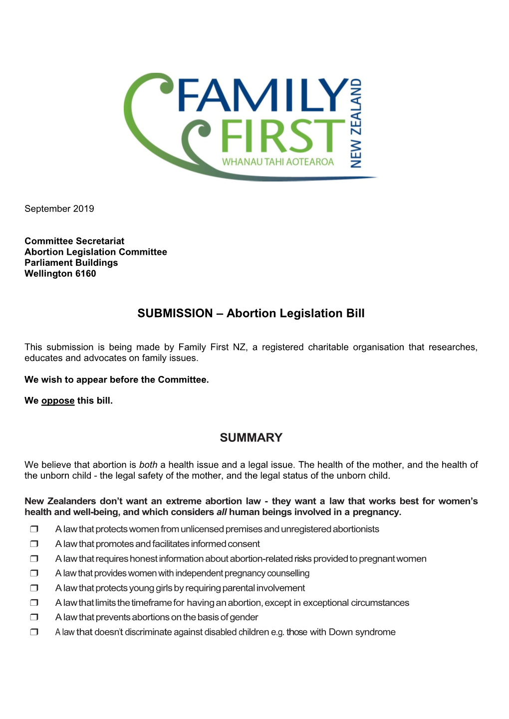 SUBMISSION – Abortion Legislation Bill SUMMARY