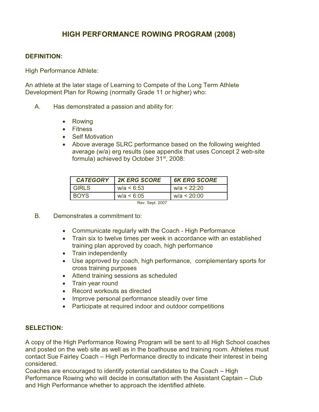 High Performance Rowing Program (2008)