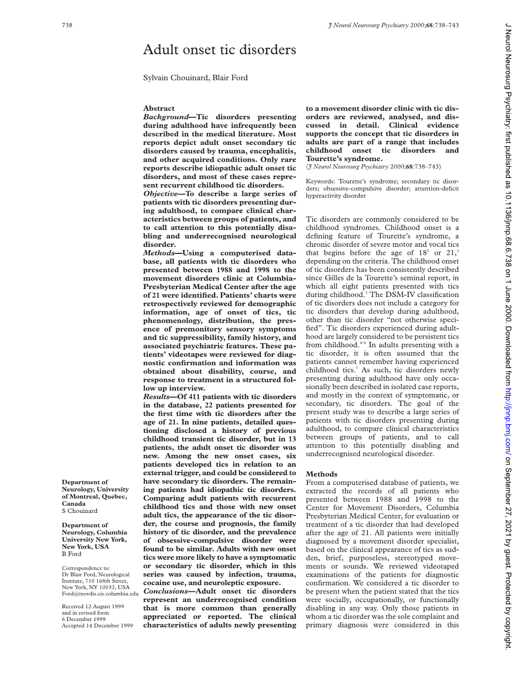 Adult Onset Tic Disorders