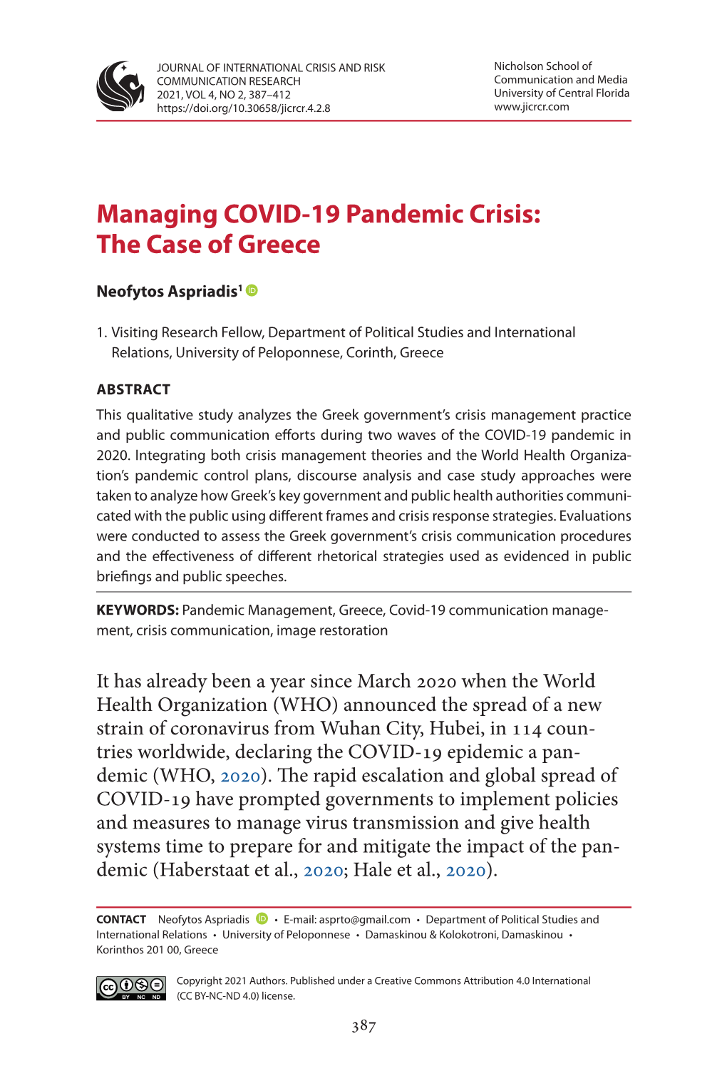 Managing COVID- 19 Pandemic Crisis