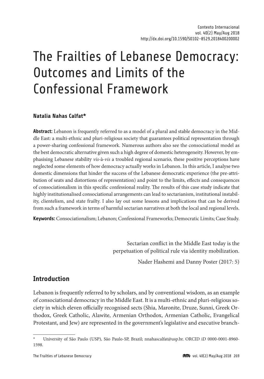 Lebanese Democracy: Outcomes and Limits of the Calfat Confessional Framework