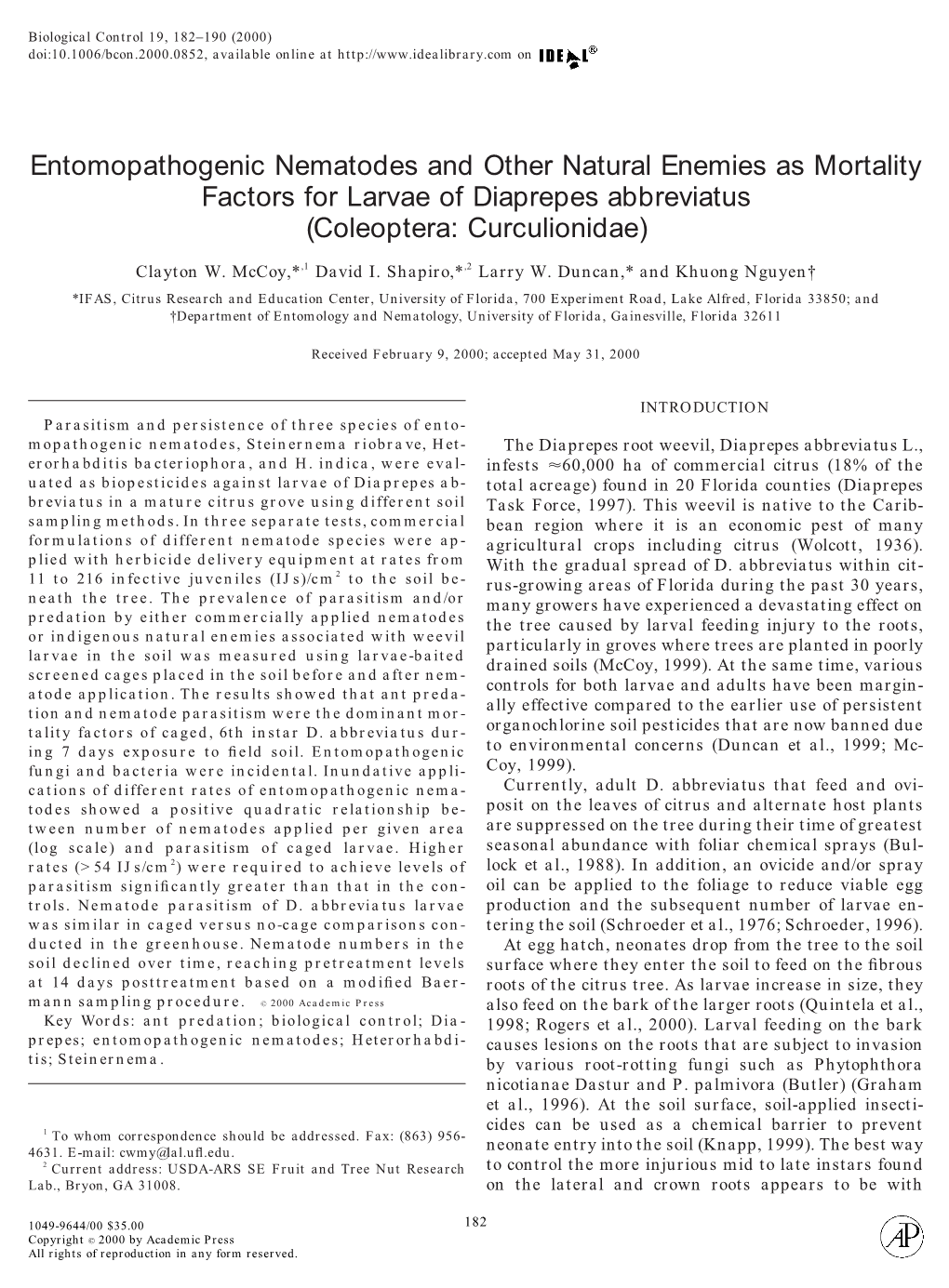 Entomopathogenic Nematodes and Other Natural Enemies As Mortality Factors for Larvae of Diaprepes Abbreviatus (Coleoptera: Curculionidae)