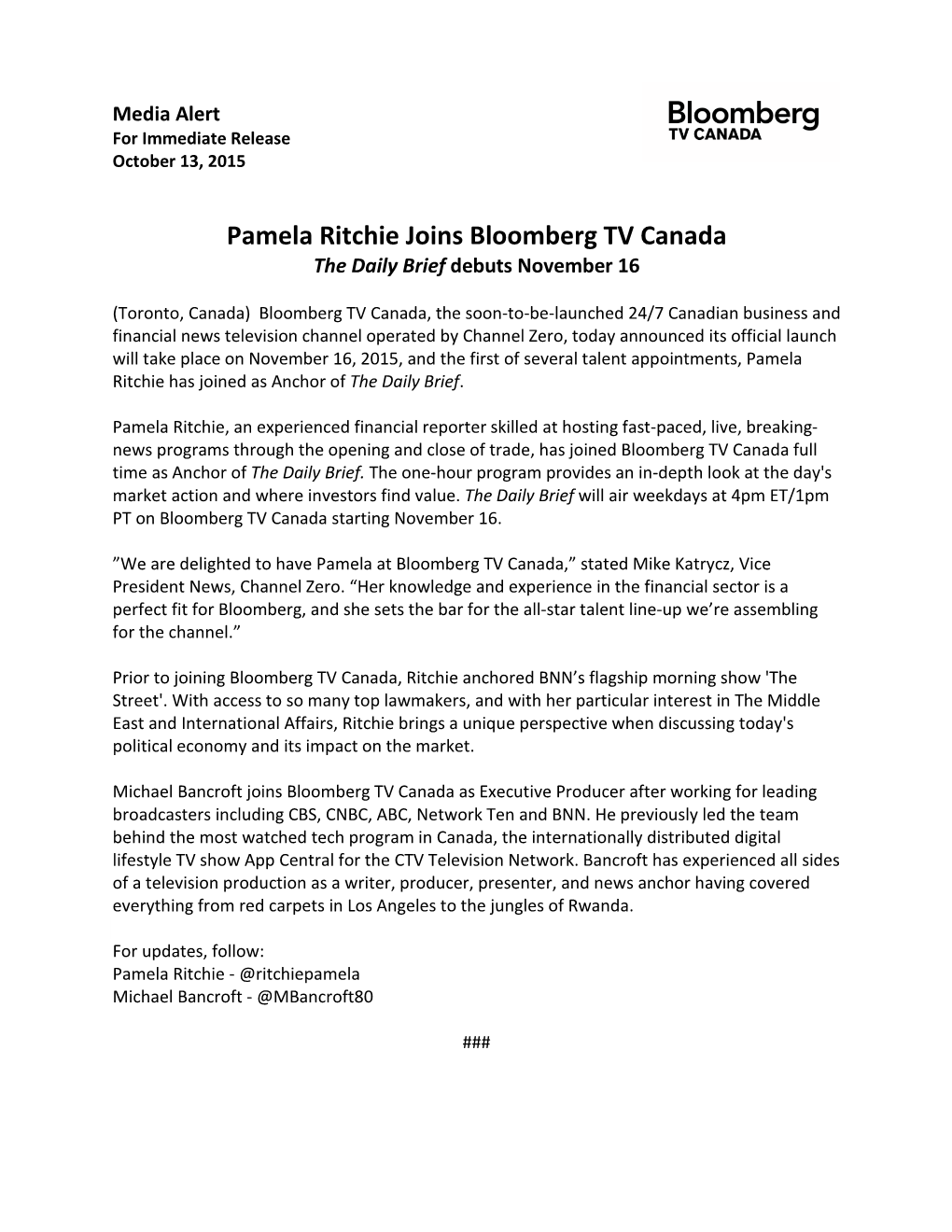 Pamela Ritchie Joins Bloomberg TV Canada the Daily Brief Debuts November 16