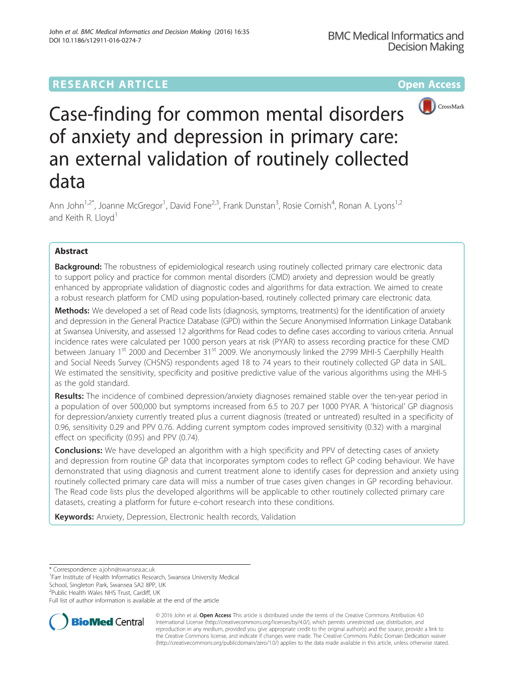 Case-Finding for Common Mental Disorders of Anxiety and Depression