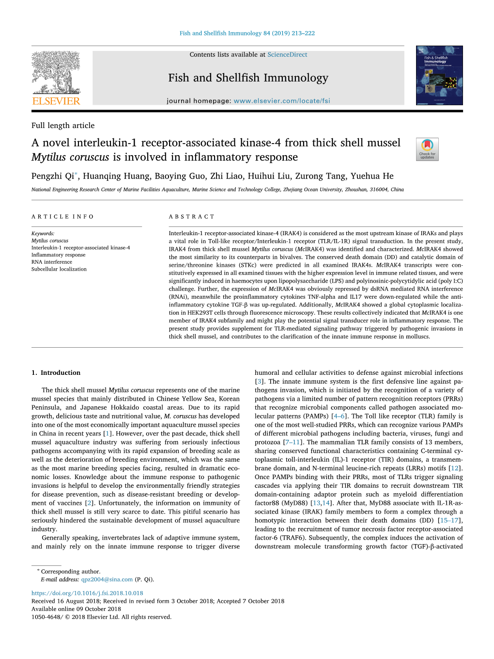 A Novel Interleukin-1 Receptor-Associated Kinase-4 from Thick Shell Mussel Mytilus Coruscus Is Involved in Inﬂammatory Response T