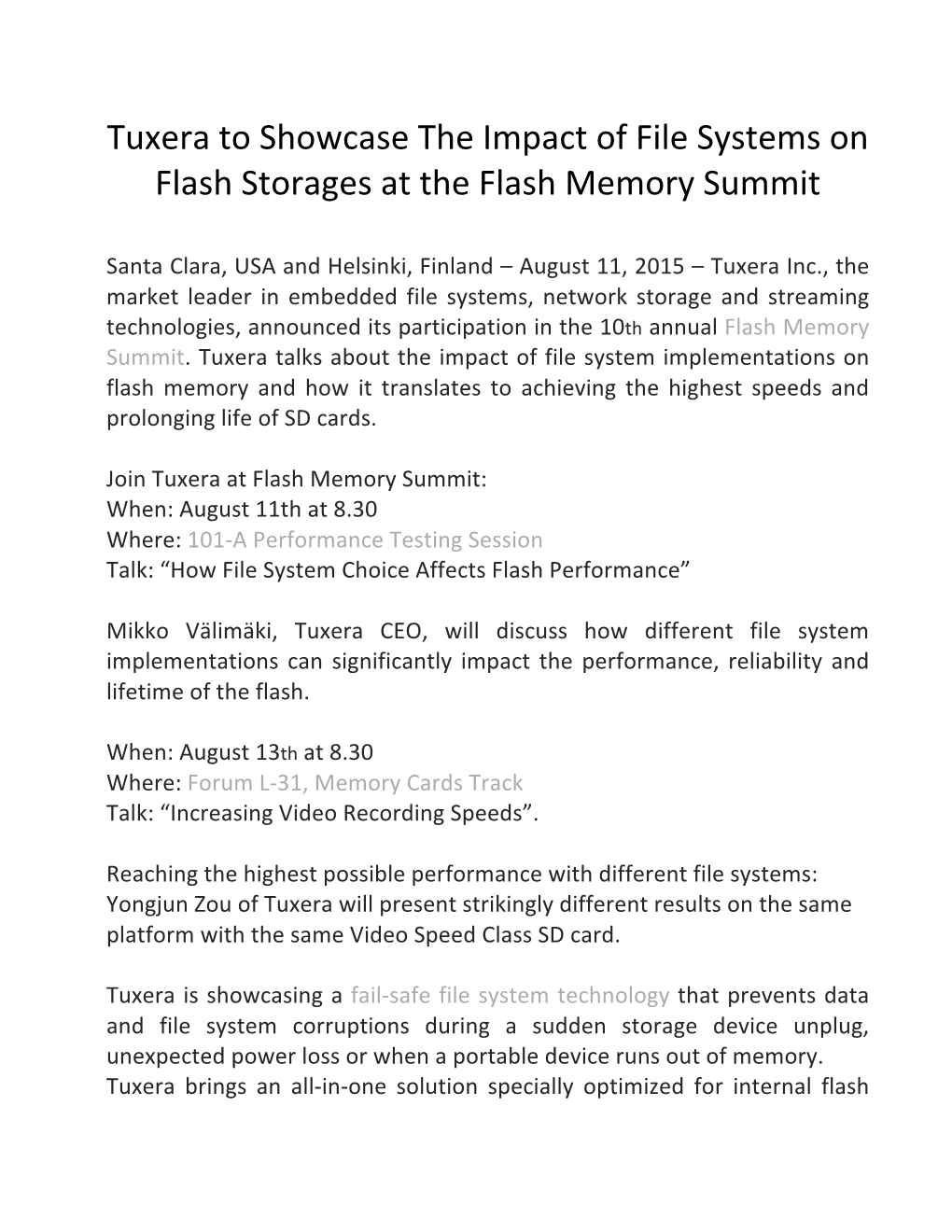 Tuxera to Showcase the Impact of File Systems on Flash Storages at the Flash Memory Summit