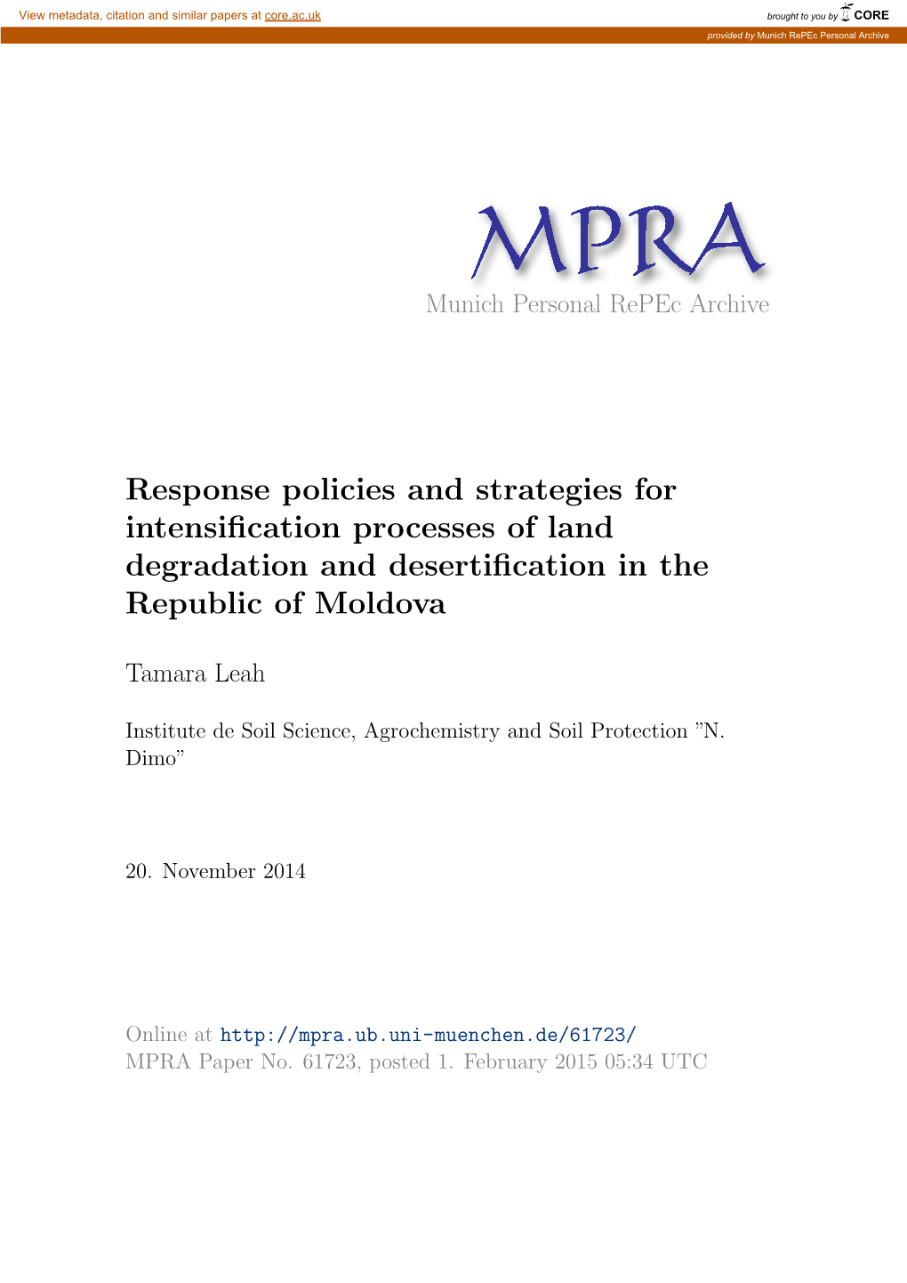 Response Policies and Strategies for Intensification Processes of Land Degradation and Desertification in the Republic of Moldova