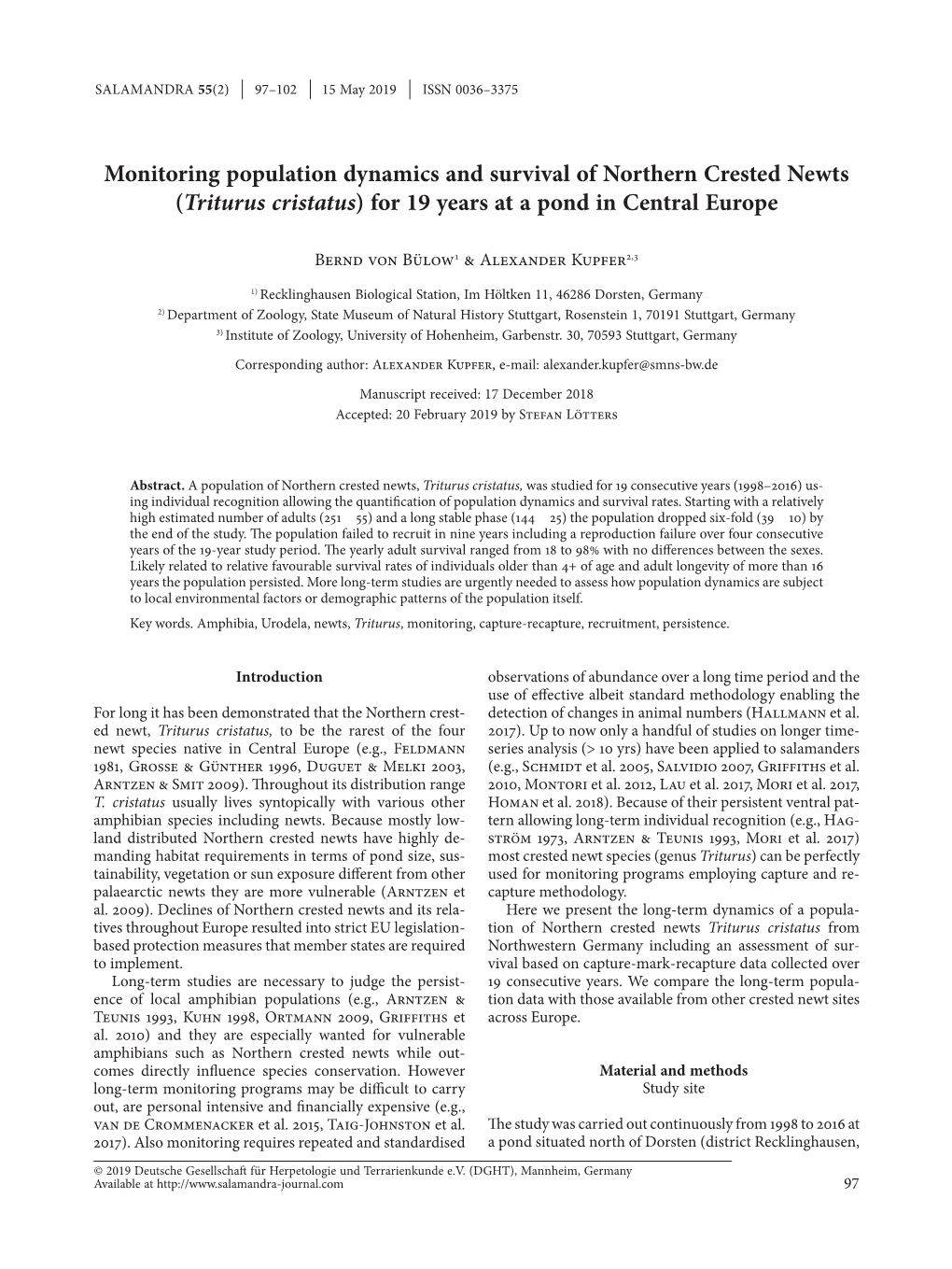 Monitoring Population Dynamics and Survival of Northern Crested Newts (Triturus Cristatus) for 19 Years at a Pond in Central Europe