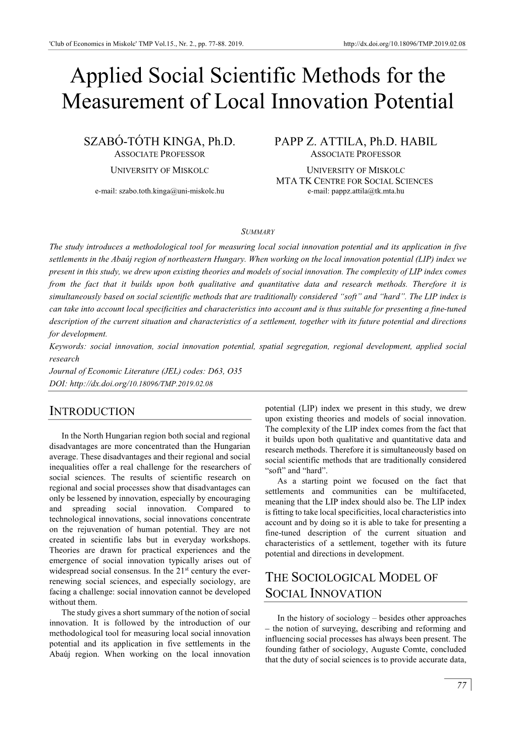 Applied Social Scientific Methods for the Measurement of Local Innovation Potential