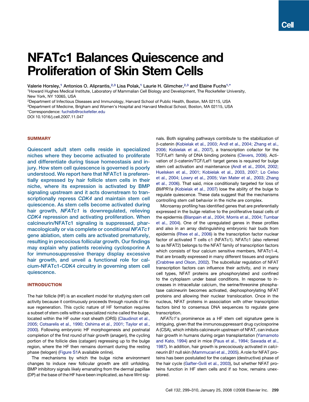 Nfatc1 Balances Quiescence and Proliferation of Skin Stem Cells