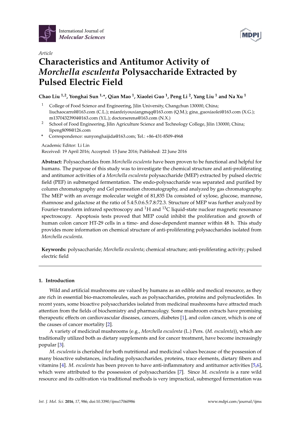 Characteristics and Antitumor Activity of Morchella Esculenta Polysaccharide Extracted by Pulsed Electric Field